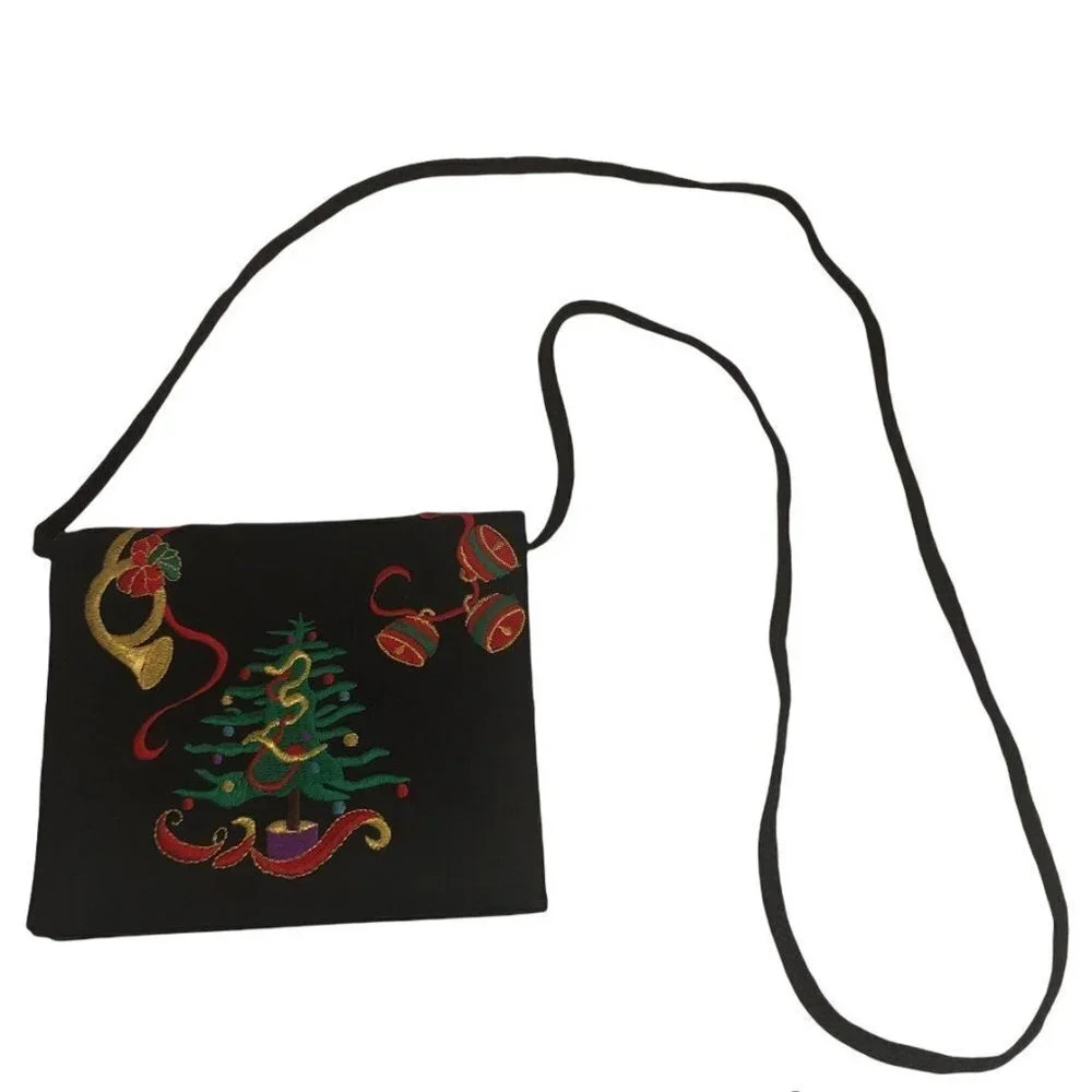 Magid Women's Black Satin Embroidered Christmas Holiday Handbag Purse Crossbody